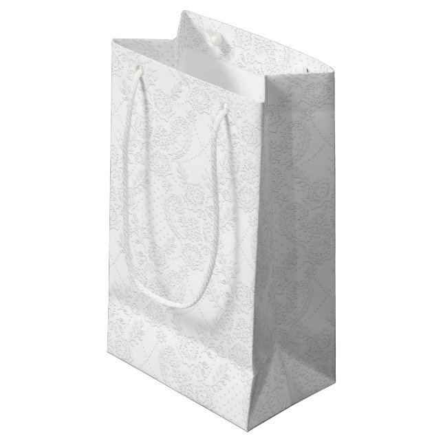 Weiß auf der White Bridal Lace Embossed-Look Gesch Kleine Geschenktüte (Vorderseite Schrägansicht)