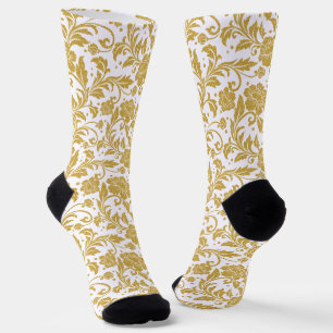 Weiß auf Gold Vintage-Blumendamask-Muster Socken