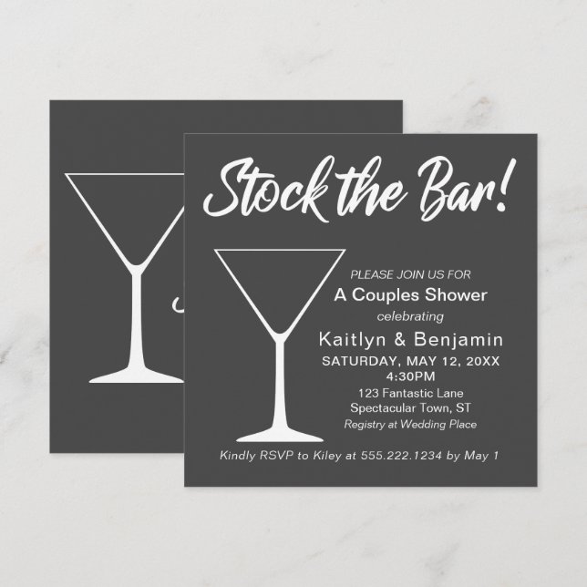 Weiß auf grauem Stock Bar Script Couples Dusche Einladung (Vorne/Hinten)