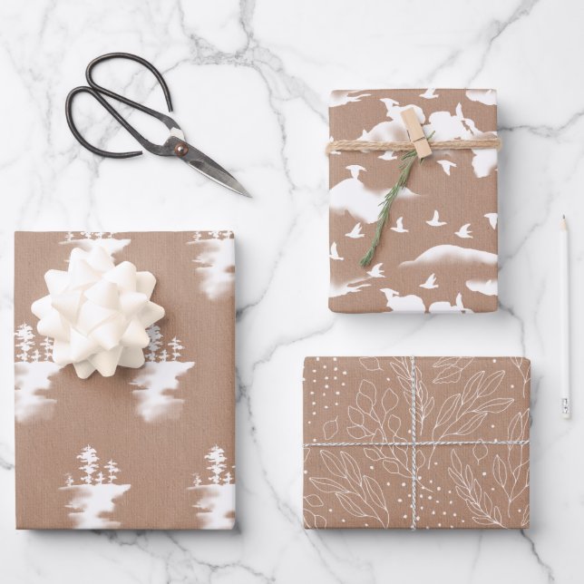 Weiß auf Kraft Trees, Vögel und Foliage Geschenkpapier Set (Vorderseite)