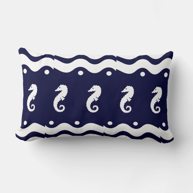 Weiß auf Marine SEA HORSE Küstenleben Lendenkissen (Vorderseite)