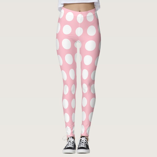 Weiß auf rosa Große horizontale Polka-Punkte Leggings (Vorderseite)