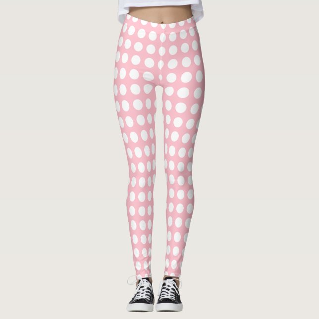 Weiß auf rosa mittelgroße, horizontale Polka-Punkt Leggings (Vorderseite)