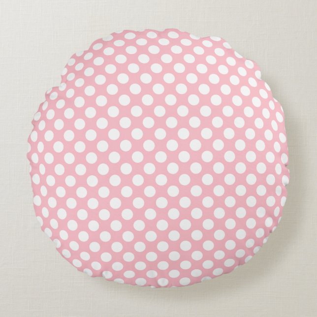 Weiß auf rosa mittelgroße Polka-Punkte Rundes Kissen (Vorderseite)