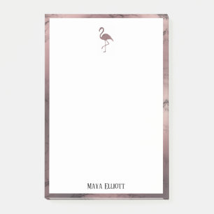 Weiß auf Rose Goldmarmor, Flamingo & Border, Name Post-it Klebezettel