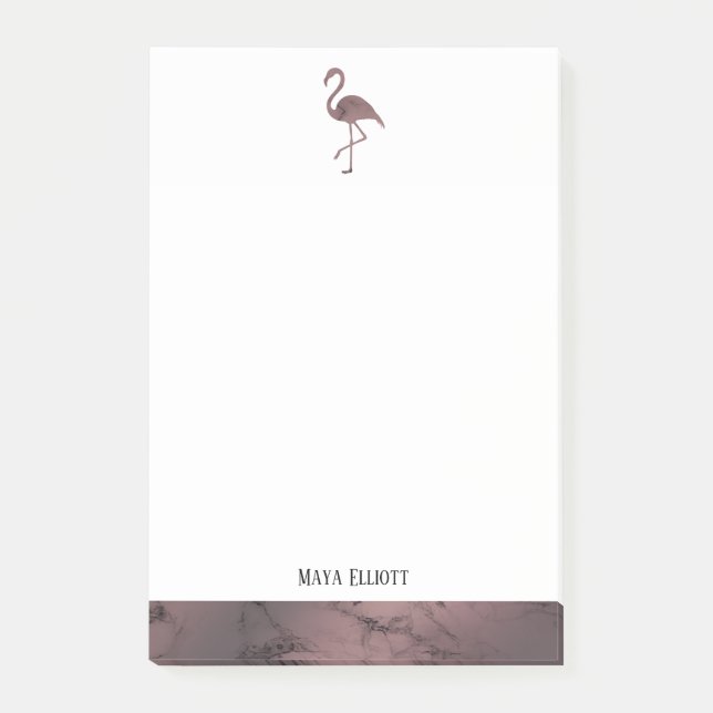 Weiß auf Rose Goldmarmor, Flamingo & Border, Name Post-it Klebezettel (Vorderseite)