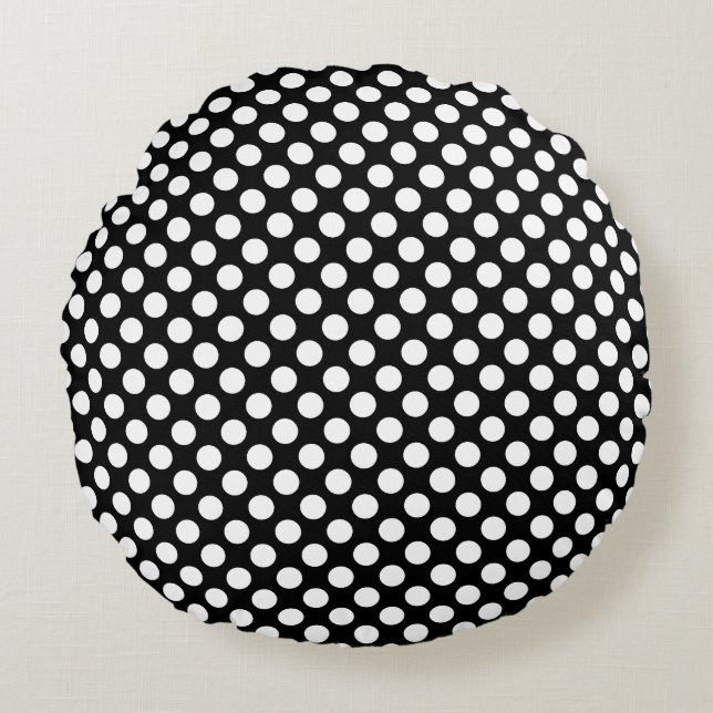 Weiß auf schwarz Mittelformat Polka Dots Rundes Kissen (Vorderseite)