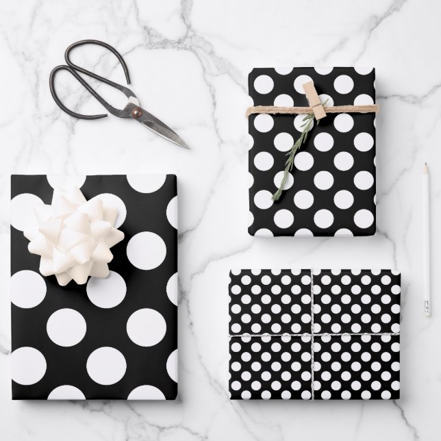 Weiß auf Schwarz verschiedene Größen Polka Punkte Geschenkpapier Set (Vorderseite)