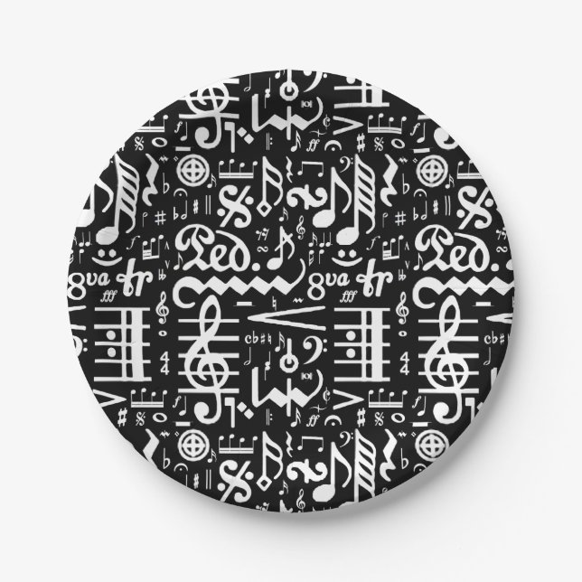 Weiß auf schwarze musikalische Symbol-PapierTeller Pappteller (Vorderseite)