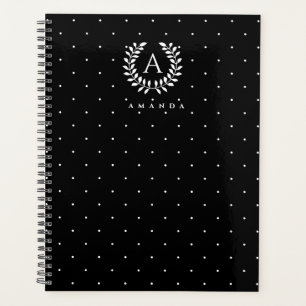 Weiß auf schwarzem Lorbeer-Monogramm-Polka-Dot-Mus Planer