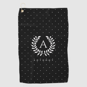 Weiß auf schwarzem Lorbeer-Monogramm-Polka-Punkt-M Golfhandtuch
