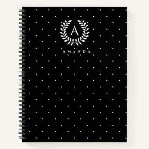 Weiß auf schwarzem Lorbeer-Monogramm-Polka-Punkt-M Notizbuch
