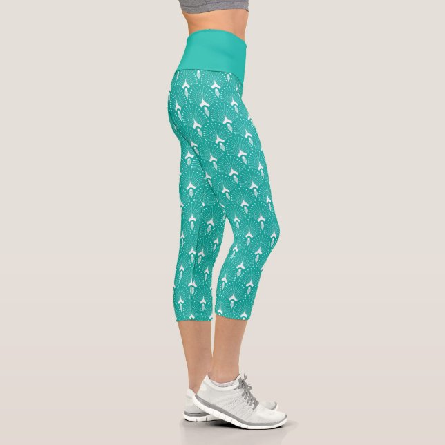 Weiß auf türkisfarbenem Kunsthandwerk-Deko Capri Leggings (Rechts)