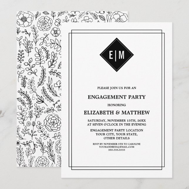 Weiß | Black Floral Engagement Party Einladung (Vorne/Hinten)