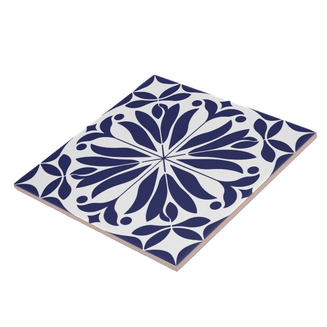 Weiß & Blau Abstrakte florale Geometrie Fliese (Seite)
