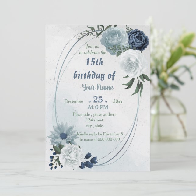 Weiß & blau Blumengrün geometrischer Geburtstag Einladung (Stehend Vorderseite)
