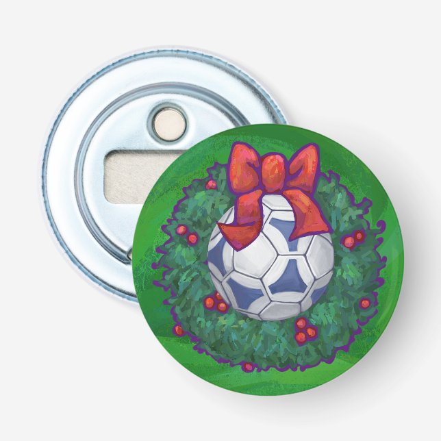 Weiß, blau gefeierter Fußball auf Grün Flaschenöffner (Vorderseite)