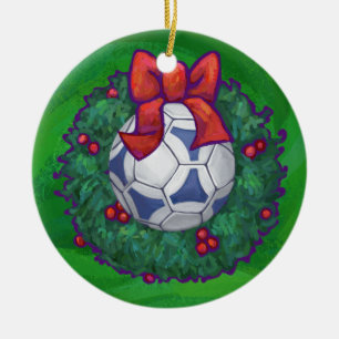 Weiß, blau gefeierter Fußball auf Grün Keramik Ornament