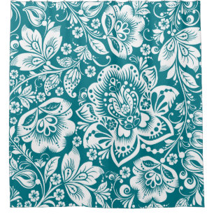 Weiß & blau-grün-barocke Blumenmuster Duschvorhang