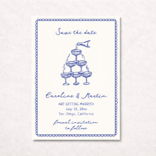 Weiß blau, handgezeichnete Hochzeit speichern Sie  Einladung