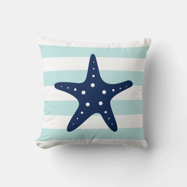 Weiß Blau & Minze, breite Streifen Muster Starfish Kissen (Vorderseite)