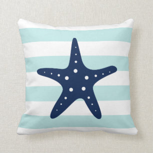 Weiß Blau & Minze, breite Streifen Muster Starfish Kissen