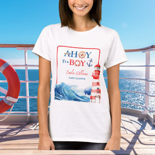 Weiß Blau Rot Nautilus Ahoi Junge Leuchtturm T-Shirt