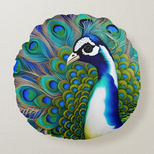 Weiß blau und grün Piebald Peacock Rundes Kissen (Vorderseite)
