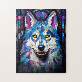 Weiß, blau und Lila Wolfspuzzle aus Hartglas.