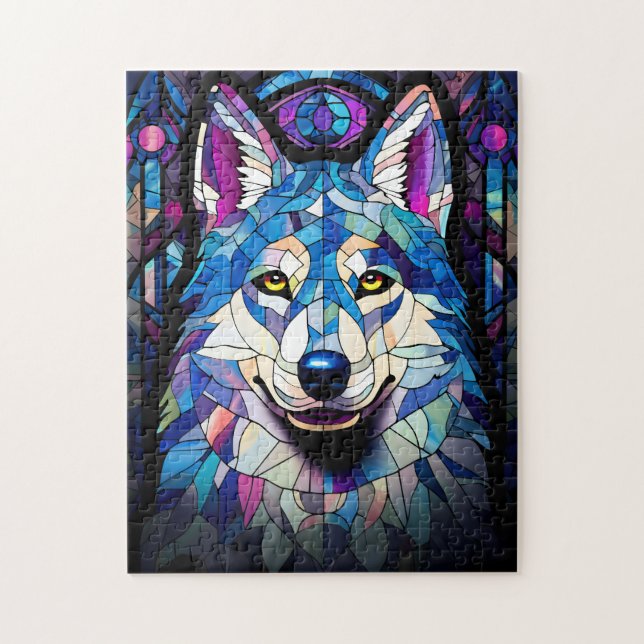 Weiß, blau und Lila Wolfspuzzle aus Hartglas. (Vertikal)