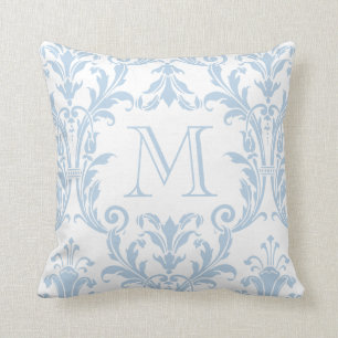 Weiß-blaue Damast-Wirbel Monogramm Kissen