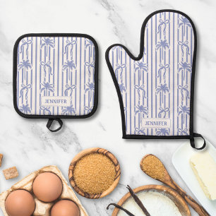 Weiß Blaue Küsten Chic Palmenbäume Schleifen Strei Ofenhandschuh & Topflappen-Set