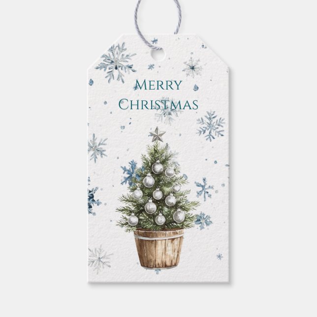 Weiß Blaue Schneeflocken Weihnachtsbaum Geschenkanhänger (Vorderseite)
