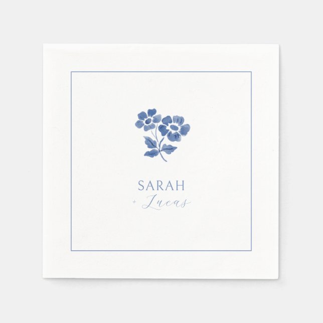 Weiß | Blue Floral gefaltet Danke Hochzeit Serviette (Vorderseite)