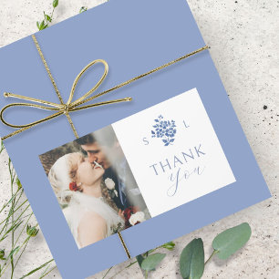 Weiß   Blue Floral Wedding Monogram Vielen Dank Rechteckiger Aufkleber