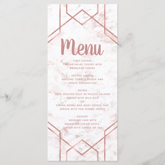 Weiß-Blütenmarmor und Rose-Gold-Hochzeitsmenü Menükarte (Vorderseite)