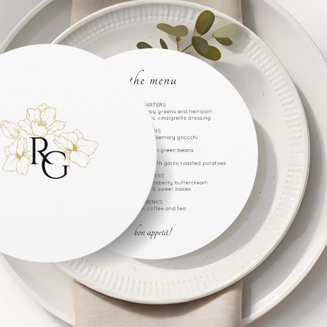 Weiß | Chic Floral Monogram Wedding Flat Menu Menükarte (Von Creator hochgeladen)