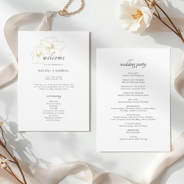 Weiß | Chic Imitats Gold Floral Wedding Programm (Von Creator hochgeladen)