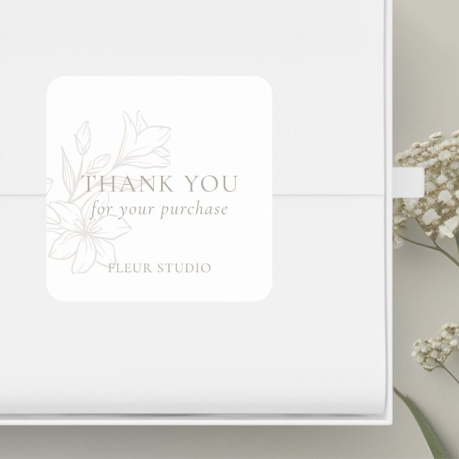 Weiß | Chic Minimal Floral Vielen Dank Quadratischer Aufkleber (Von Creator hochgeladen)