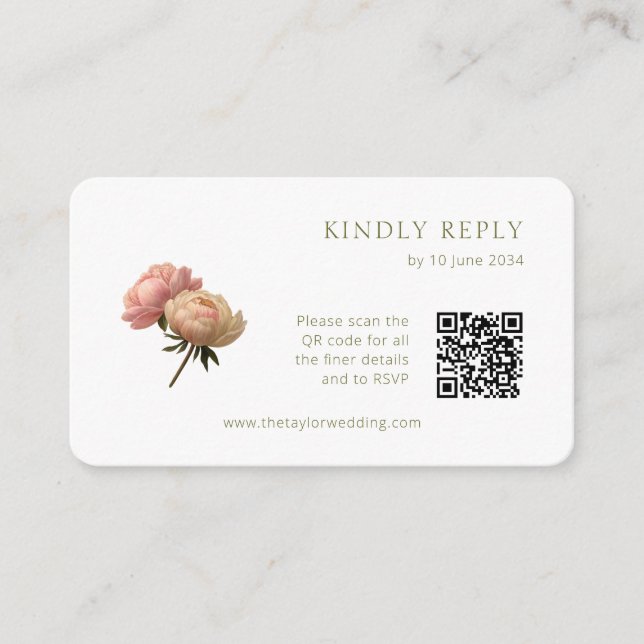 Weiß | Chic Rose Wedding RSVP QR Code Begleitkarte (Vorderseite)