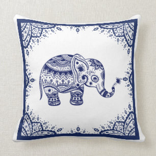 Weiß & Dark Blue Floral Paisley & Elephant Kissen