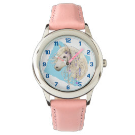 Weiß dekorierter Pony auf blauen Kindern Armbanduhr