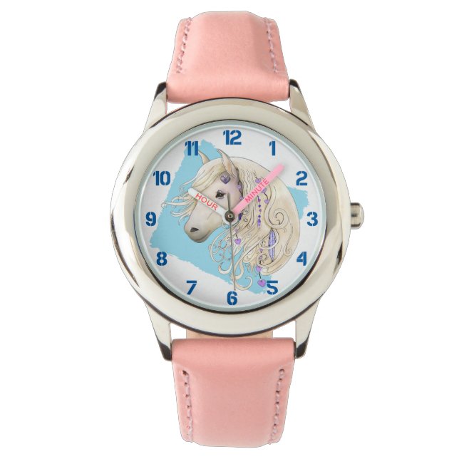 Weiß dekorierter Pony auf blauen Kindern Armbanduhr (Vorderseite)