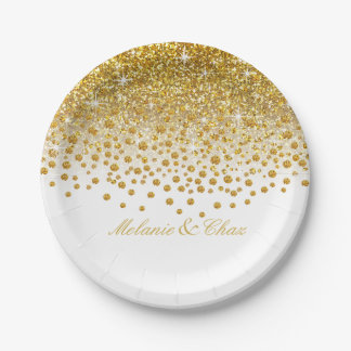 Weiß der Glitzerconfetti-Dusche | Gold Pappteller