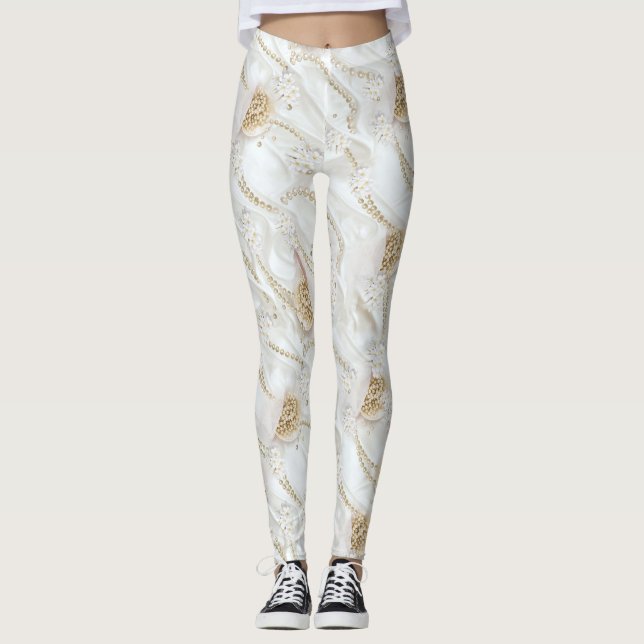 Weiß-Elfenbeinsilk und Elfenbeinmeisterpearls Leggings (Vorderseite)
