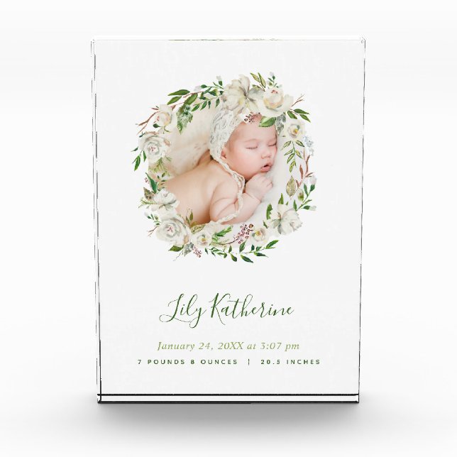 Weiß gestrichene Blumenkreide Baby Foto Birth Stat (Vorderseite)