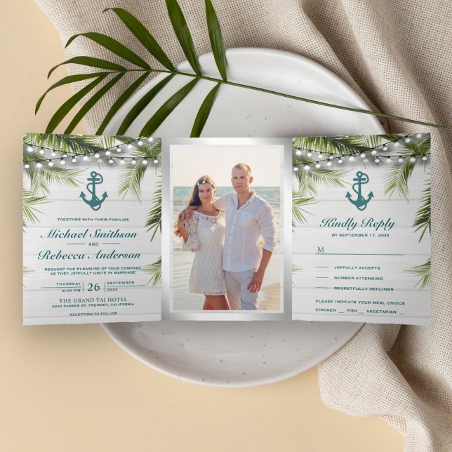 Weiß gewaschte Holzpalme Blätter Aquamarine Ankerh Dreifach Gefaltete Einladung (Von Creator hochgeladen)