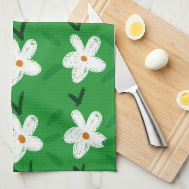 Weiß Gezeichnet Blumenmuster Blume Art Pattern Aes Geschirrtuch (Viertel Falte)