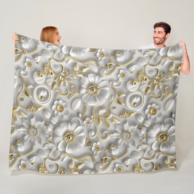Weiß & Gold 3D florales Dekorationsmuster Fleecedecke (Beispiel)