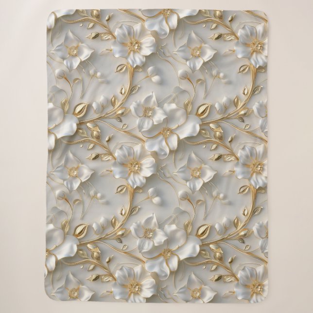 Weiß & Gold 3D florales Dekorationsmuster Sherpadecke (Vorderseite)